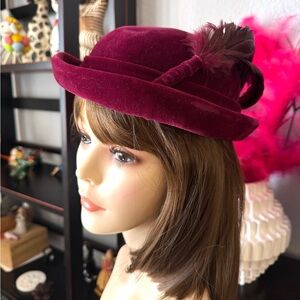 Madcaps Burgundy Velvet Hat with Feather Plume